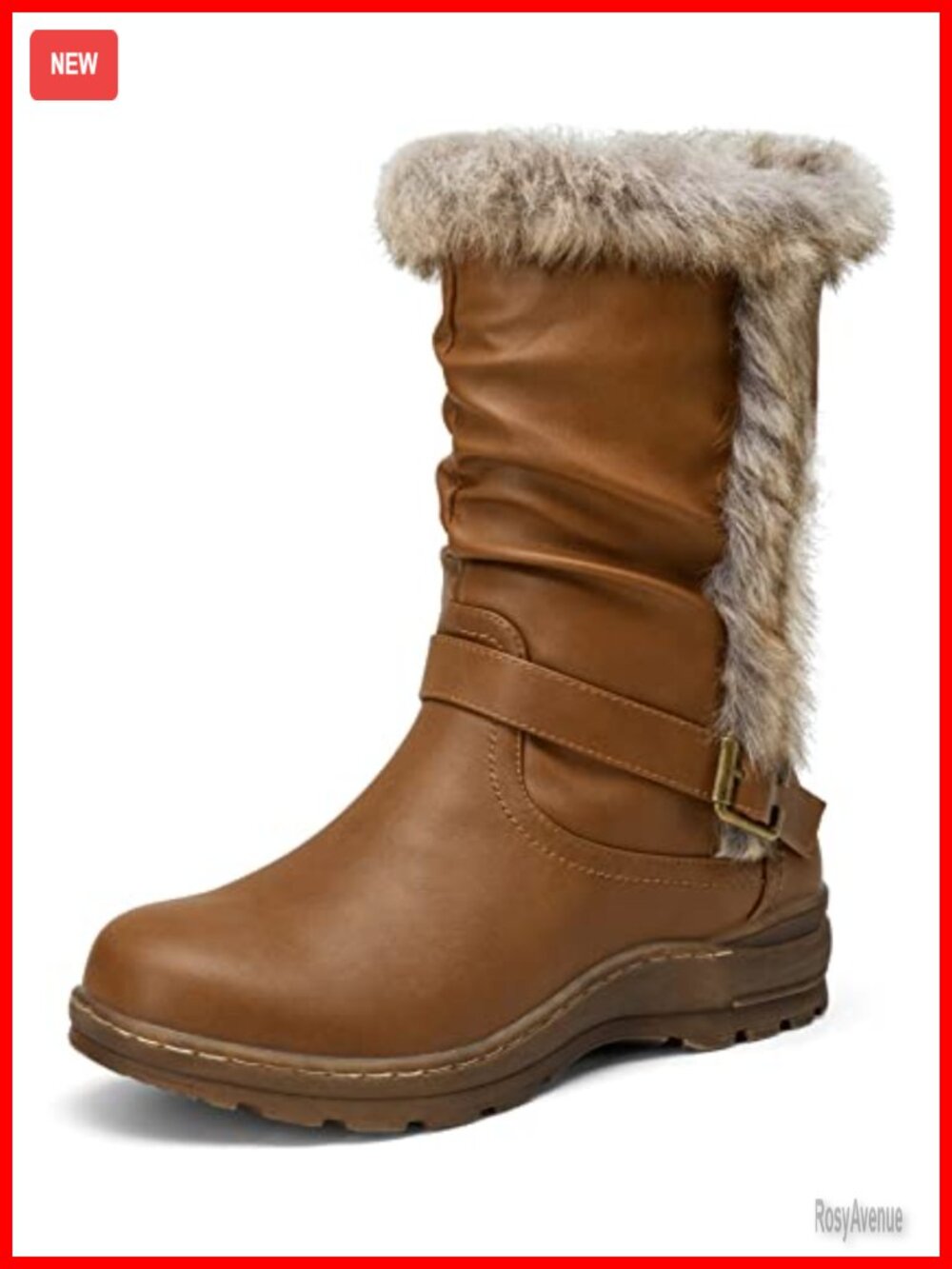 Faux Leather Faux Fur Lined Mid Calf Winter Boots Side Zip Snow Boots
